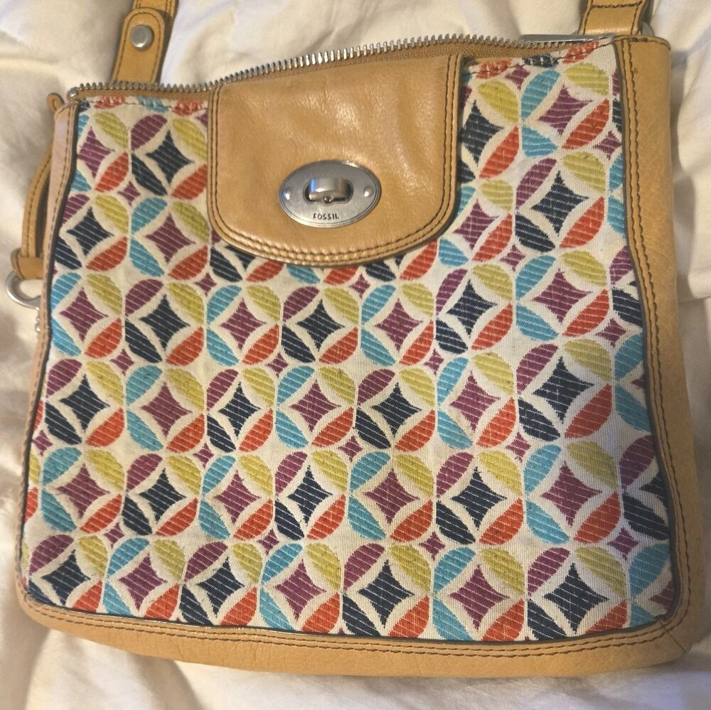 Vintage 90s Fossil Tan Leather Crossbody Messenger Bag Adjustable Strap